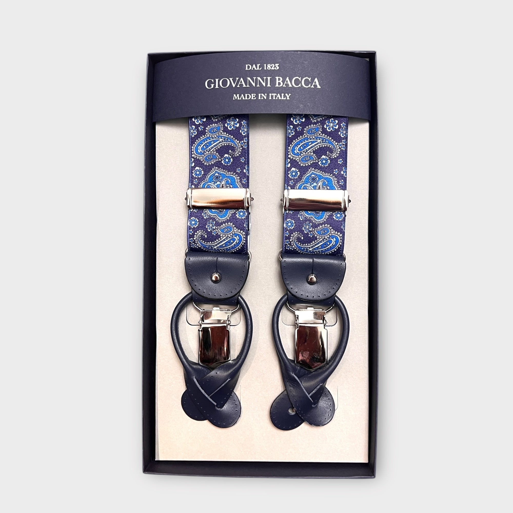 Bretelle Larghe Elastiche Paisley Blu Con Asola In Pelle