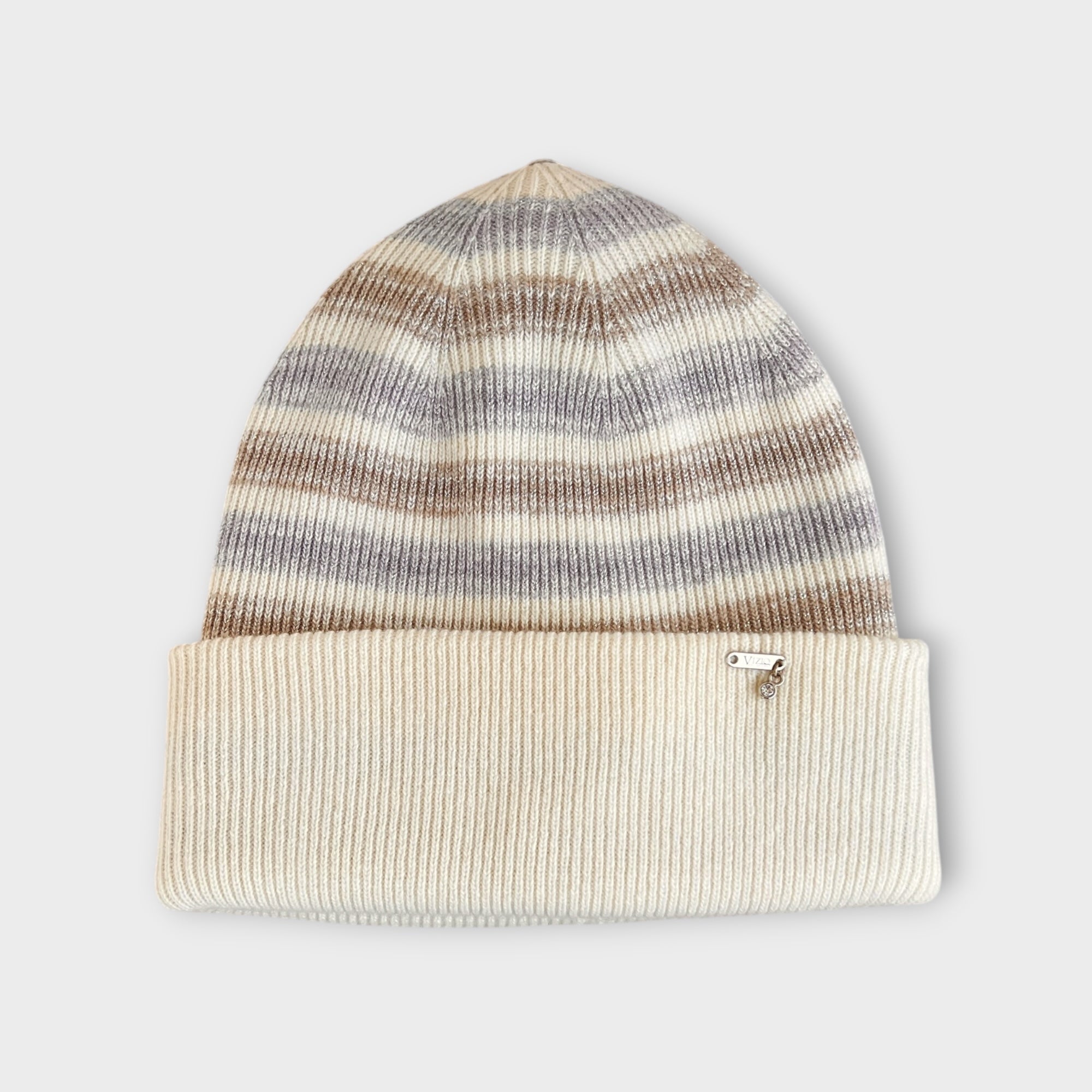Berretto Beanie Con Risvolto In Maglia Di Lana Merinos e Lurex Motivo Rigato