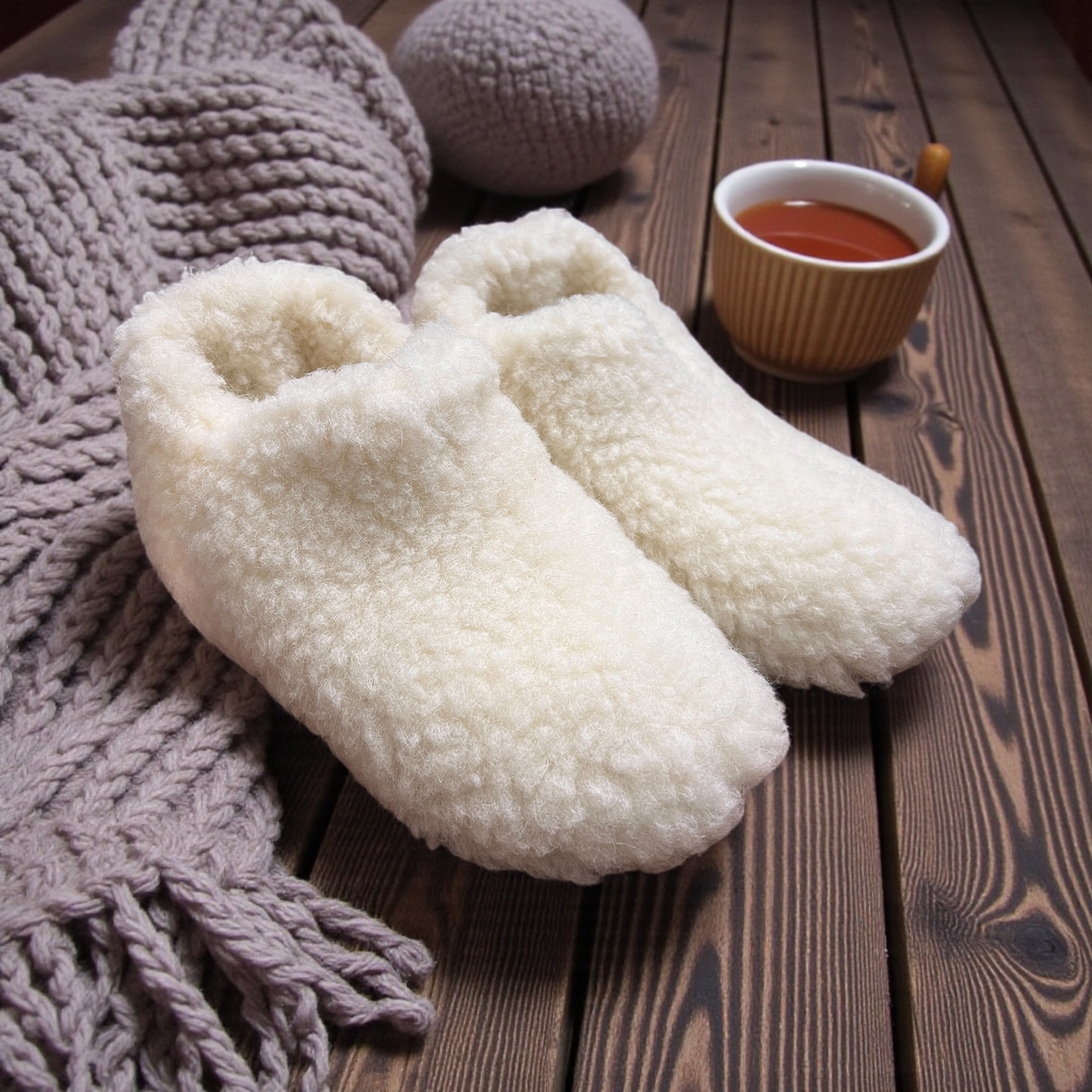 Slippers Chiuse In Pura Lana Con Suola In Suede