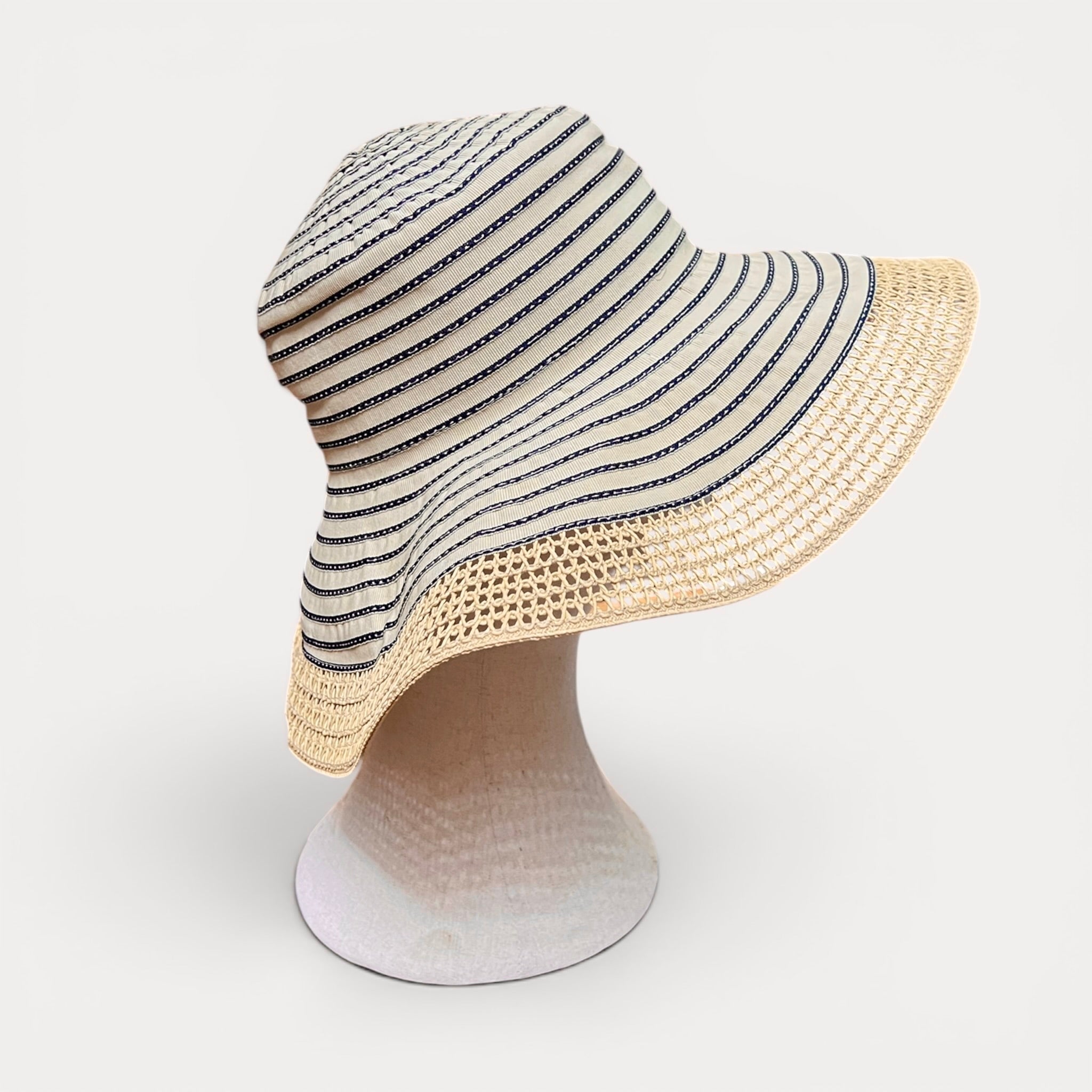Cappello Donna Estivo Ala larga In Cotone Beige Bordo Paglia Pieghevole - Grevi