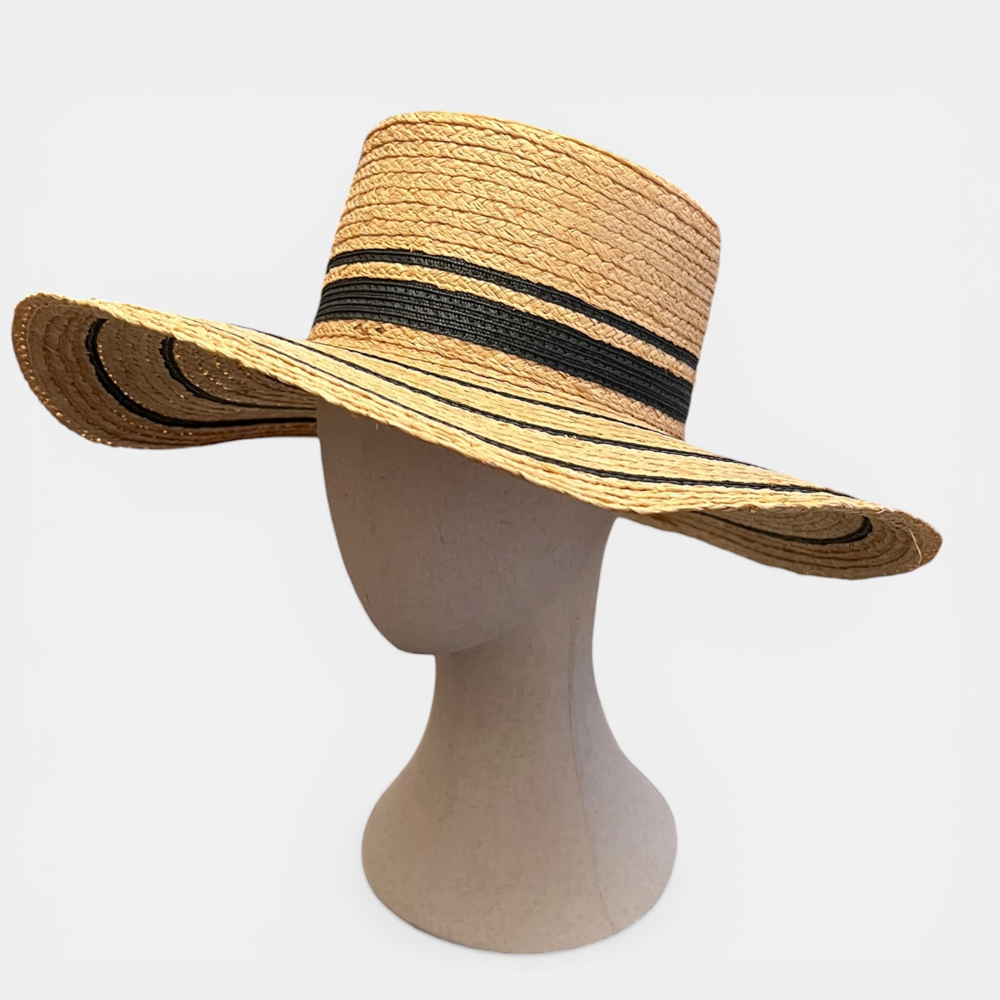 Cappello Canotier Da Donna in Raffia Intrecciata Bicolor Ala Larga - Cappelleria Bacca