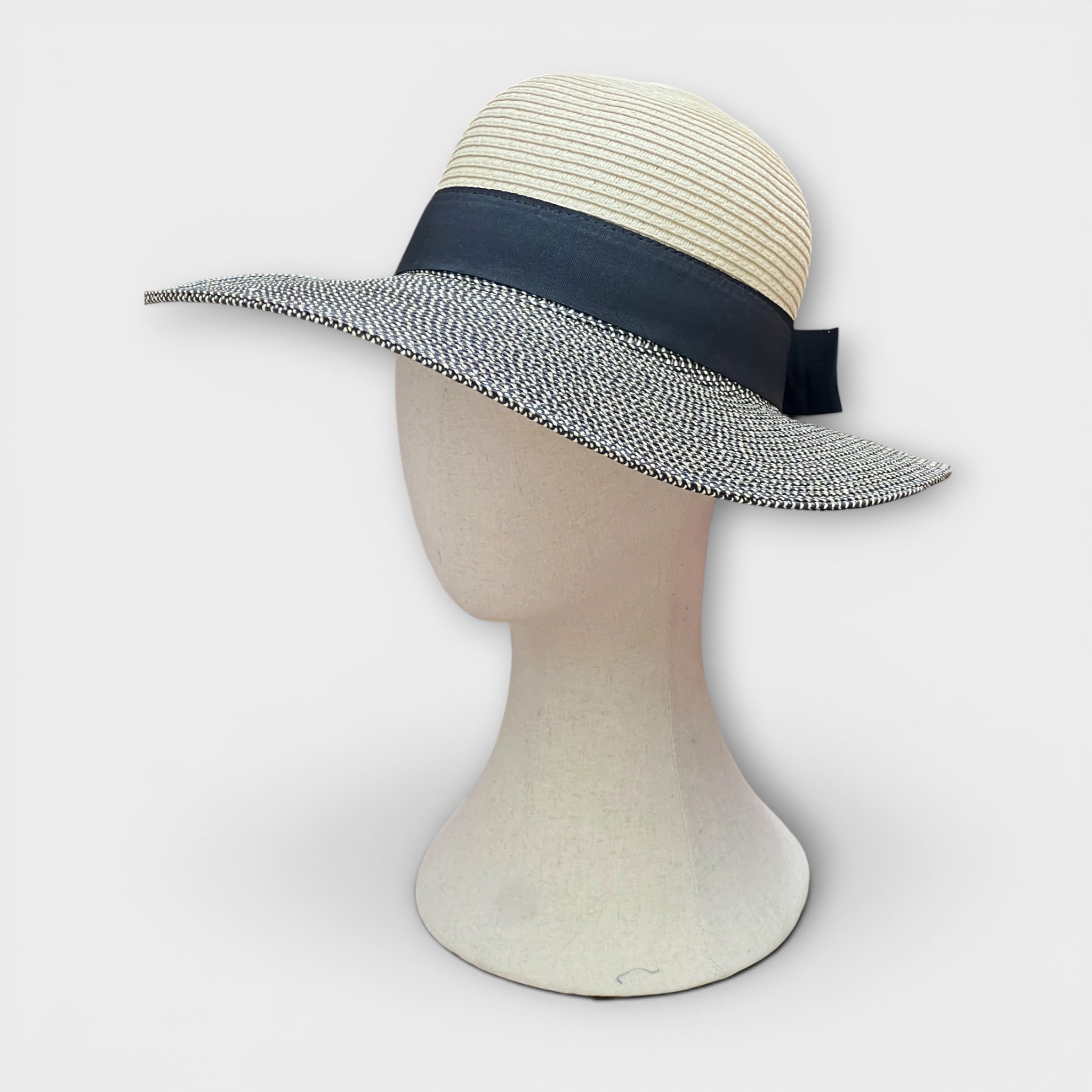 Cappello Da Donna Estivo Ala Larga in Paglia Naturale Papier Bicolor Nastro  Nero