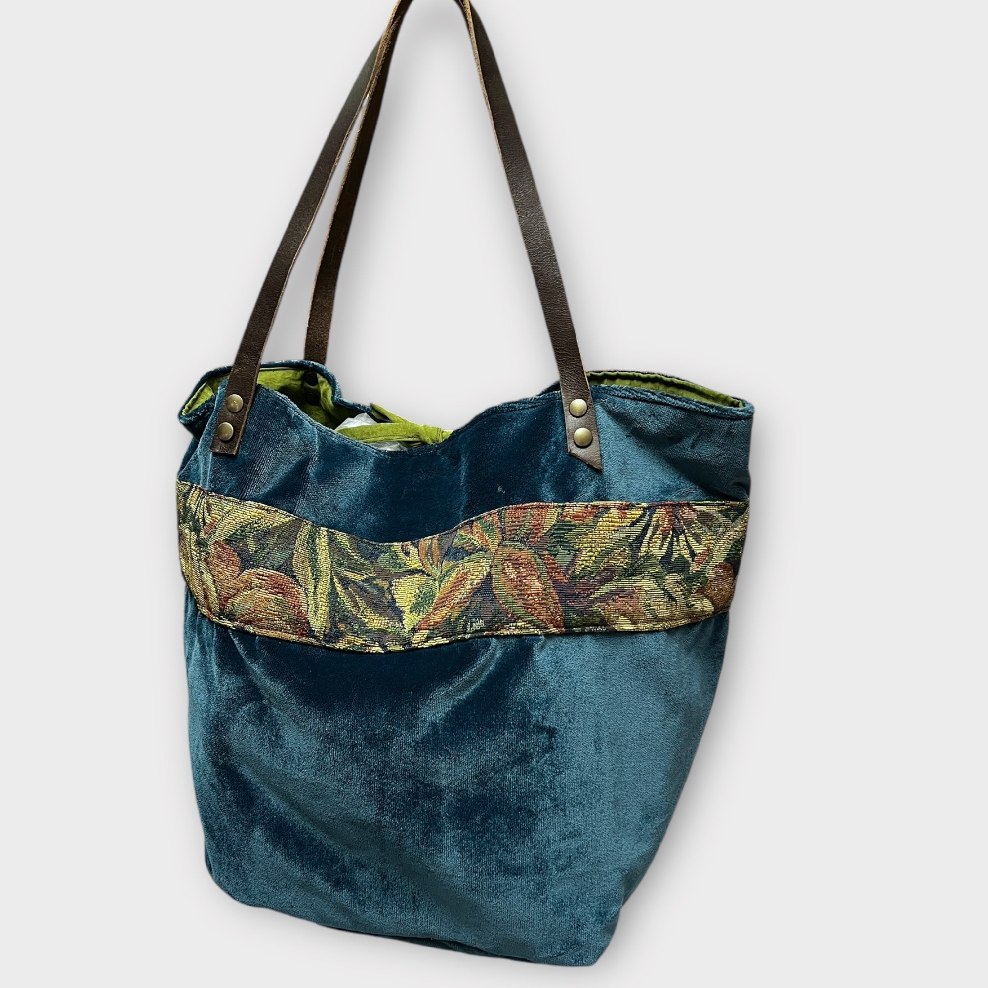 Borsa Shopping in Tessuto Reversibile con Striscia Decorativa