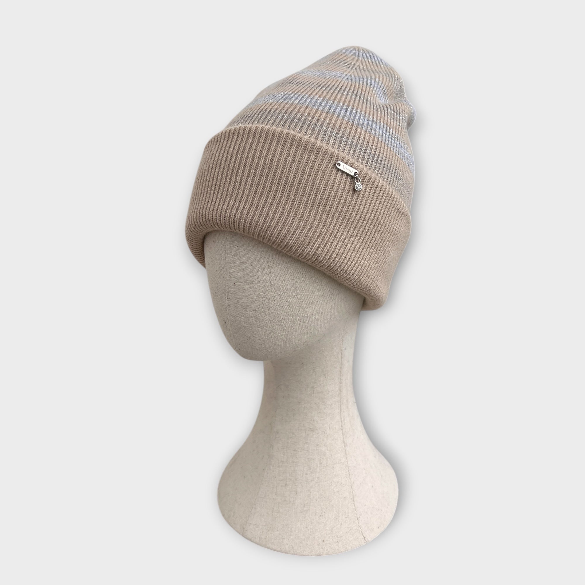 Berretto Beanie Con Risvolto In Maglia Di Lana Merinos e Lurex Motivo Rigato
