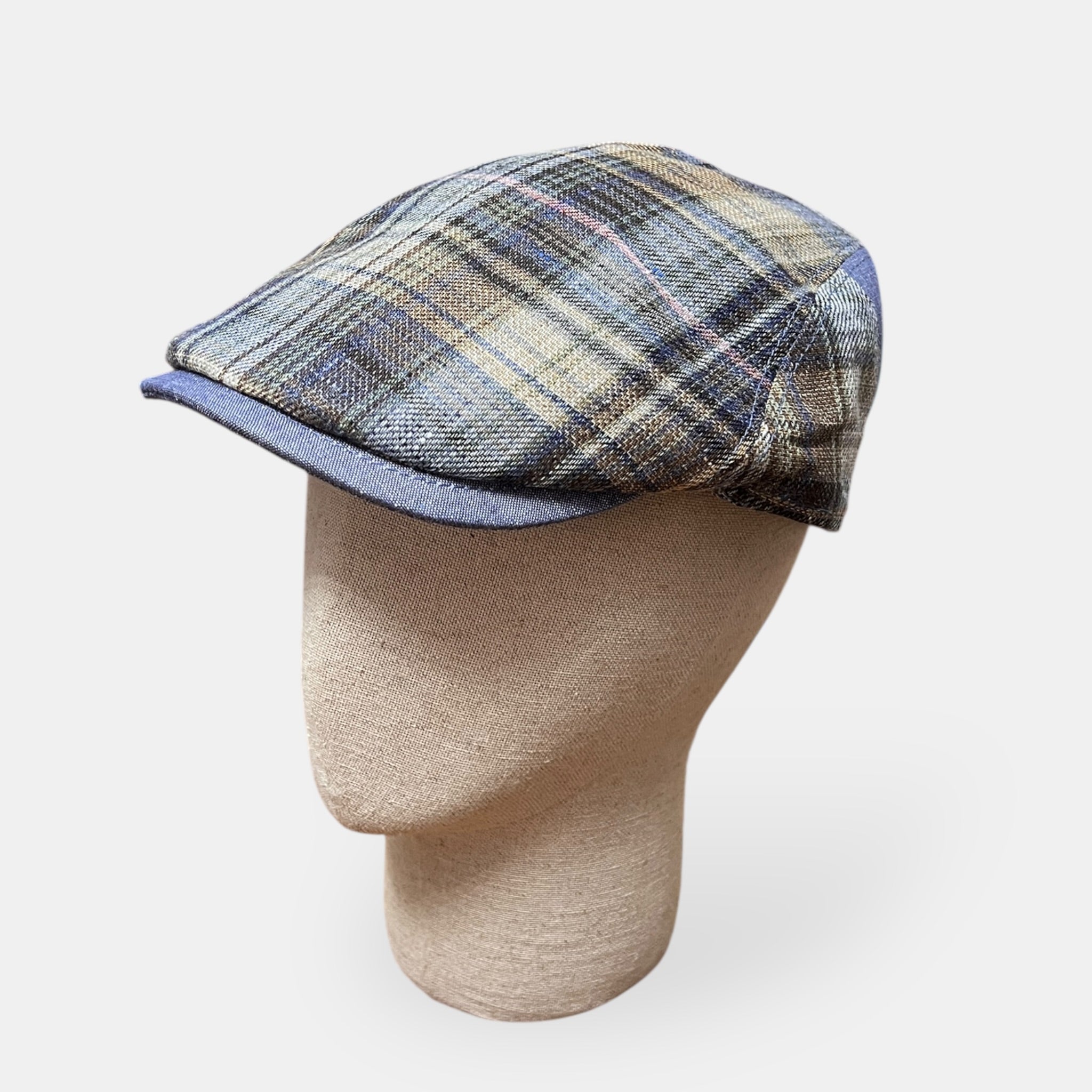 Coppola Uomo Estiva In Puro Lino Scozzese Blu e Marrone Revertera