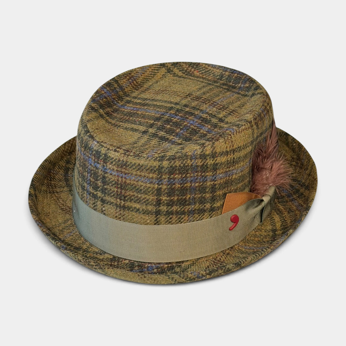 Cappello Pork Pie Invernale In Lana Motivo Scozzese Verde - Alfonso D'Este
