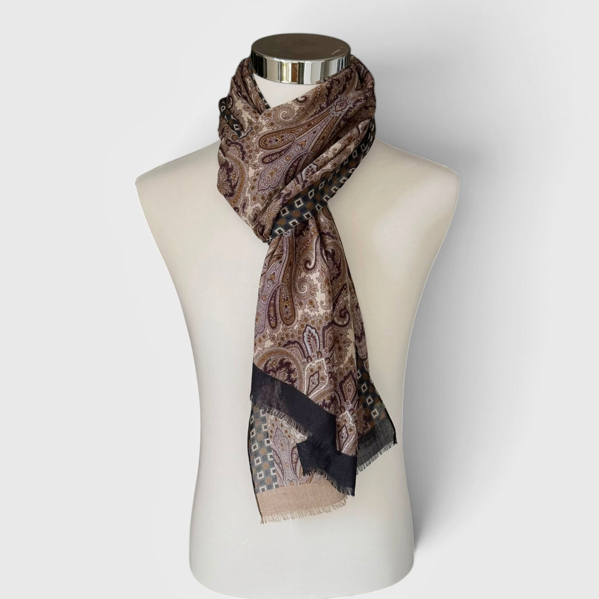 Sciarpa Uomo Invernale In Tessuto Sottile Di Pura Lana Disegno Cashmere 55x190 cm