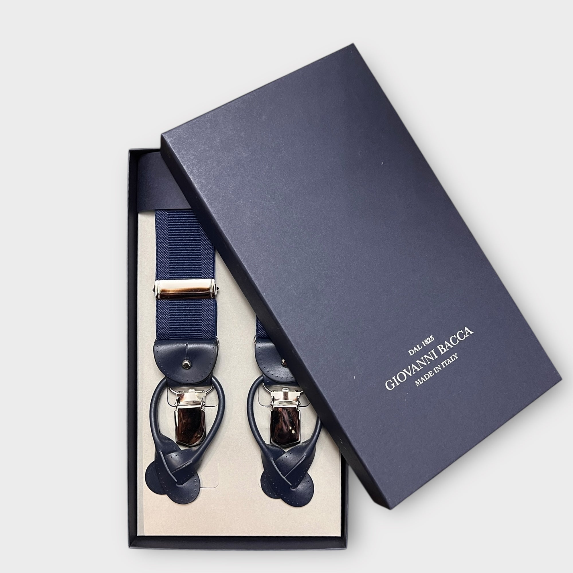 Bretelle Larghe Elastiche Blu Operato Con Asola In Pelle