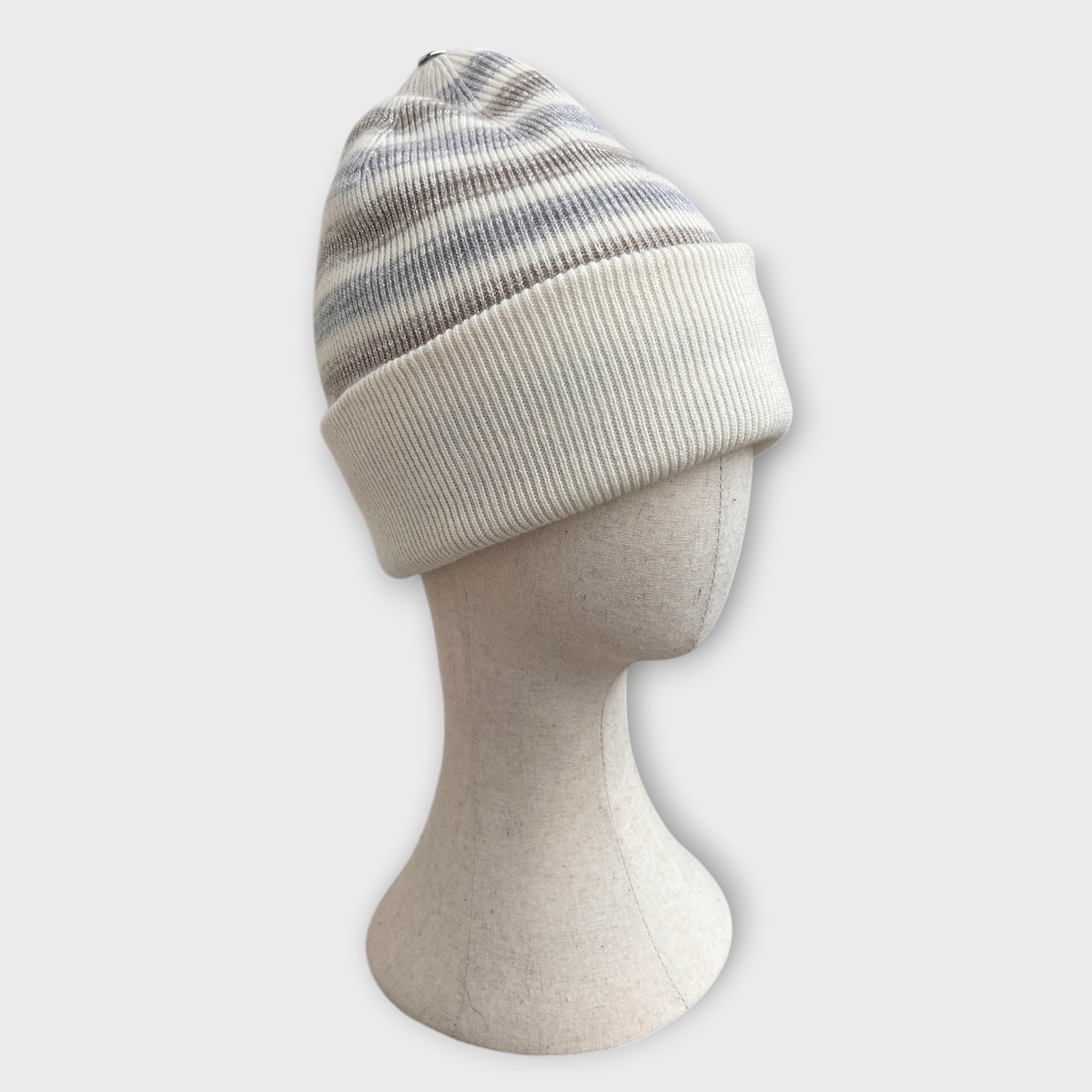 Berretto Beanie Con Risvolto In Maglia Di Lana Merinos e Lurex Motivo Rigato