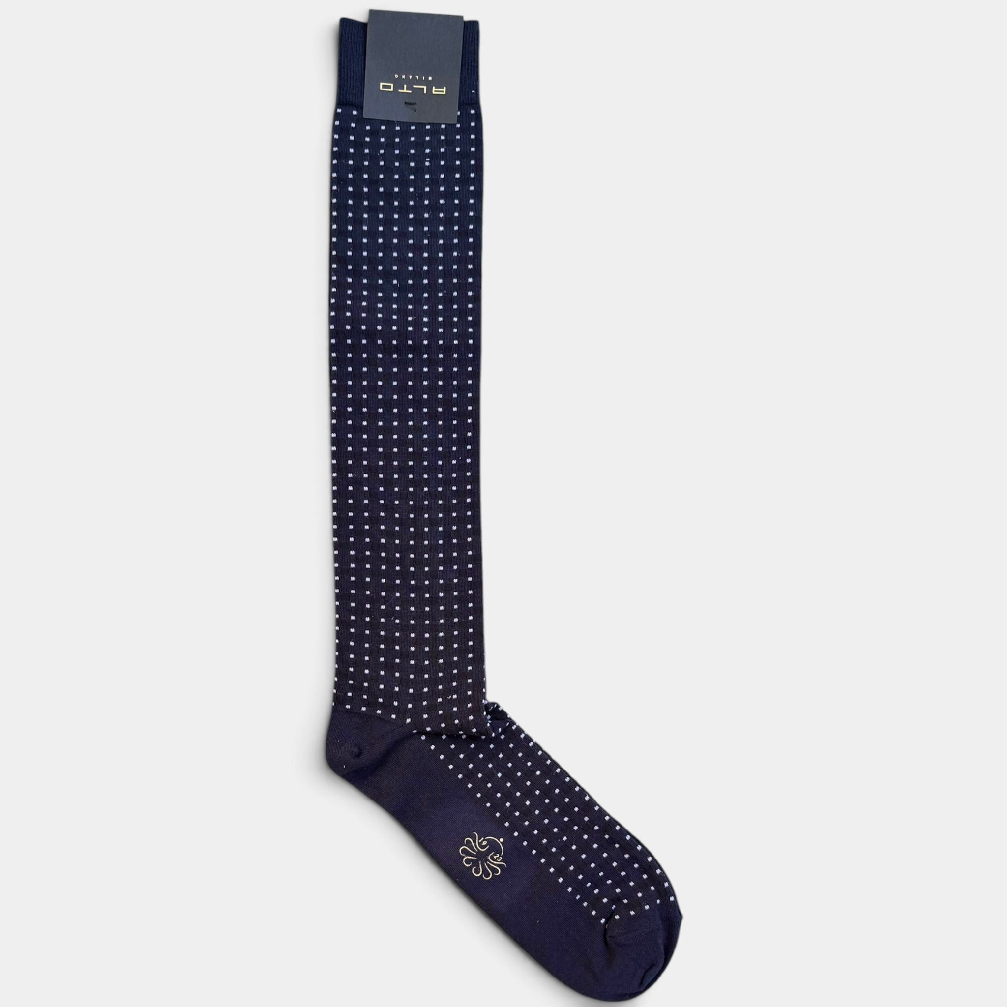 Calzino lungo blu con micro pois bianchi Alto Milano disteso