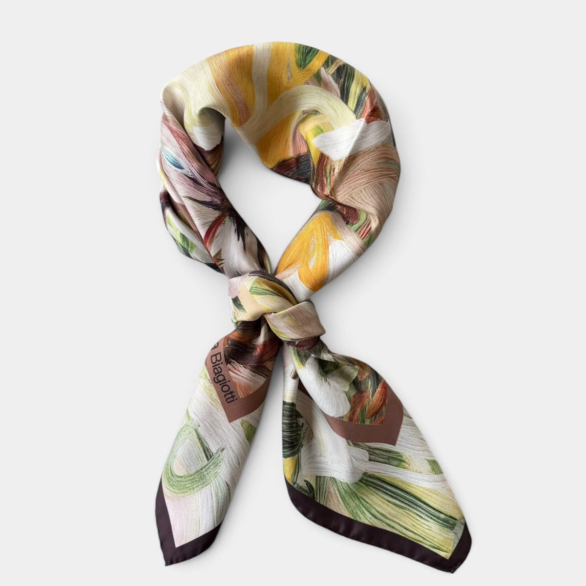 Foulard Laura Biagiotti in seta 90x90 cm, fiori dipinti, variante ruggine