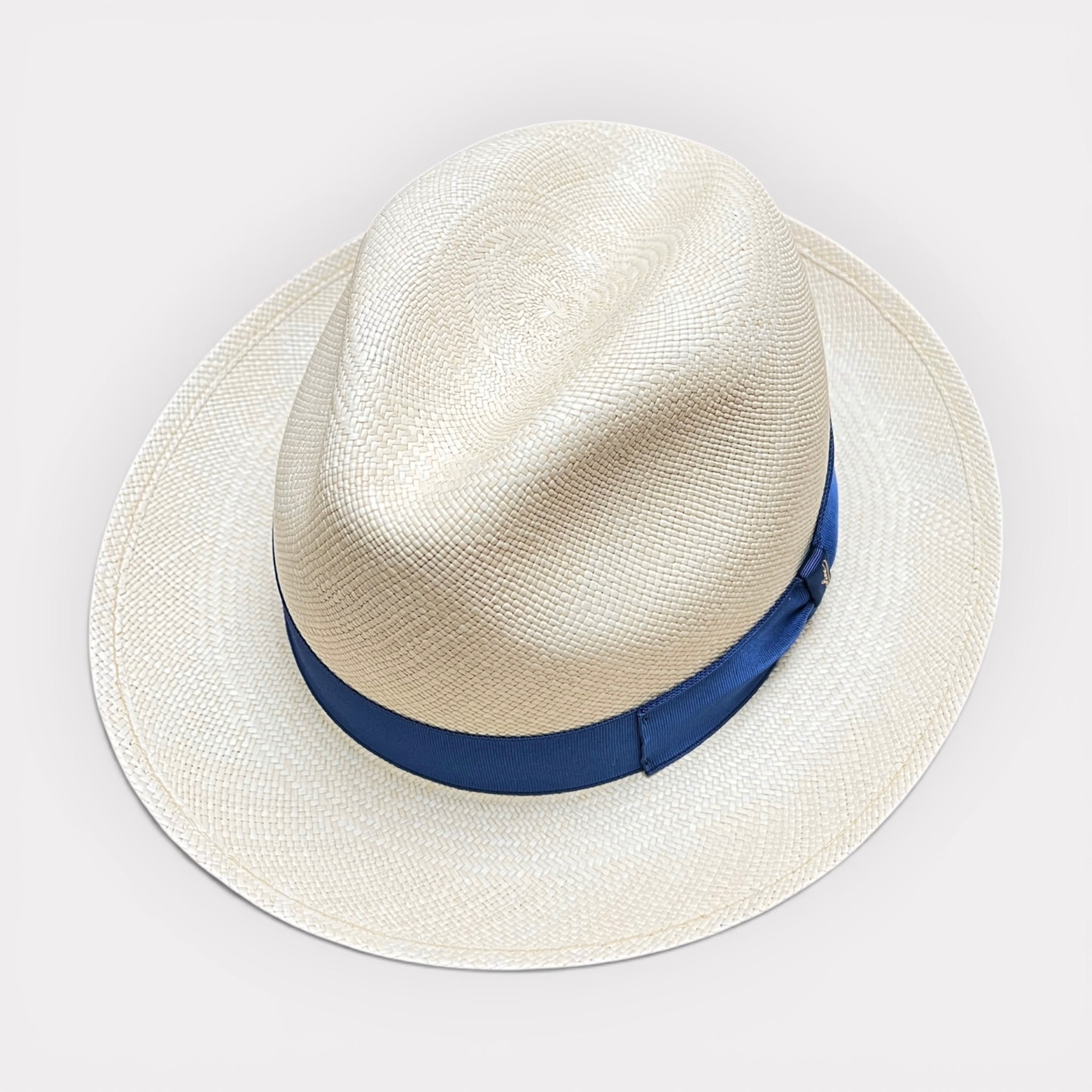 Cappello Panama Quito Originale Borsalino Ala Media Nastro Azzurro