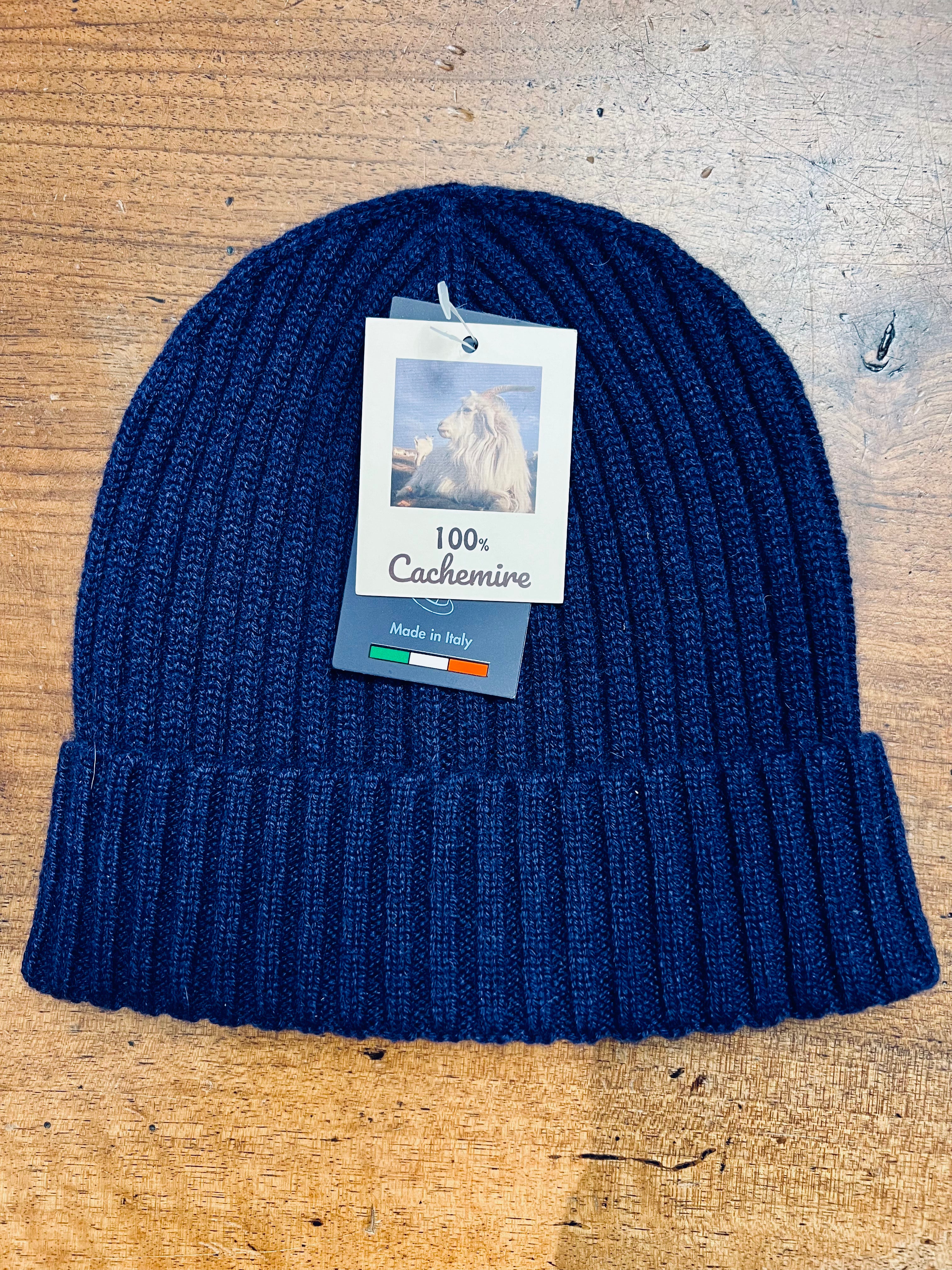 Berretto 100% Cashmere Beanie A Coste Blu