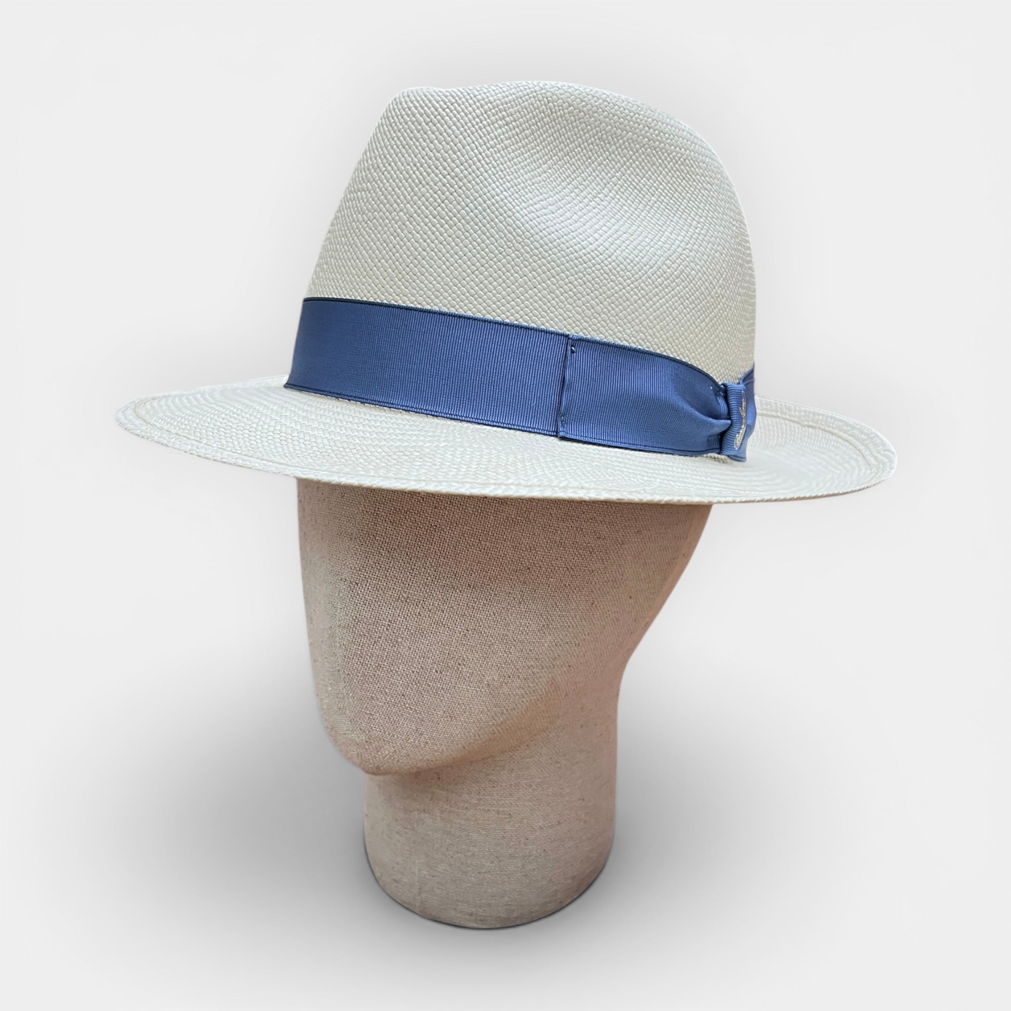 Cappello Panama Quito Originale Borsalino Ala Media Nastro Azzurro