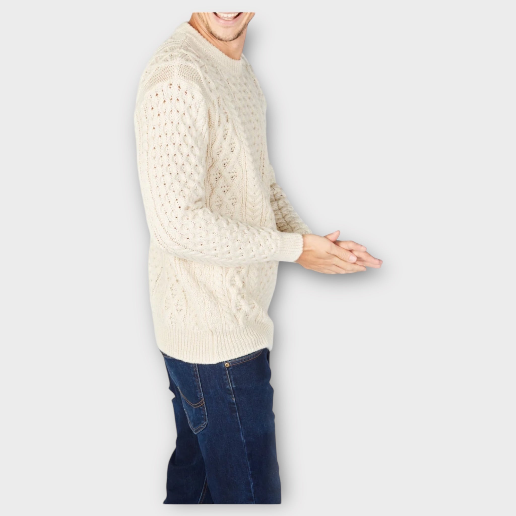 Maglione Uomo Girocollo Aran Honeycomb Pura Lana