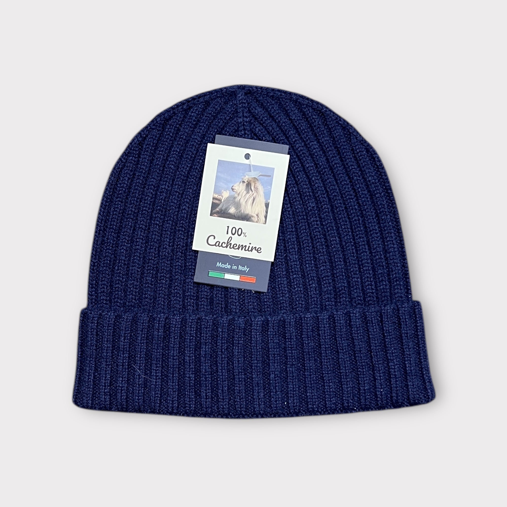 Berretto 100% Cashmere Beanie A Coste Blu