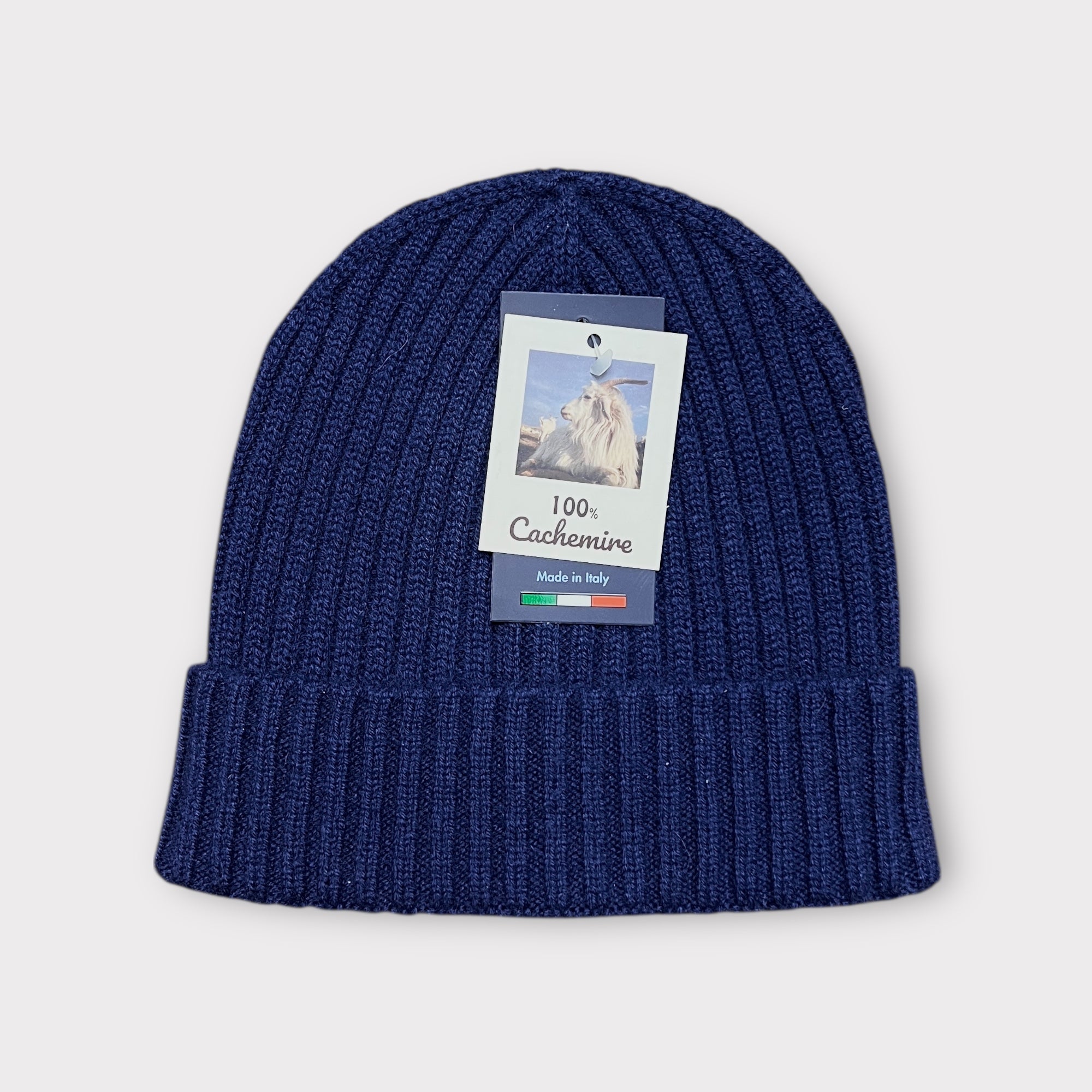 Berretto 100% Cashmere Beanie A Coste Blu
