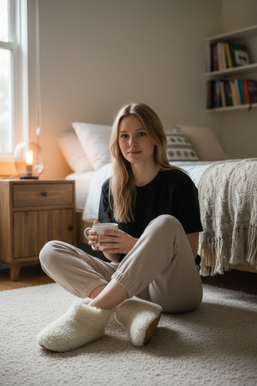 Slippers Chiuse In Pura Lana Con Suola In Suede