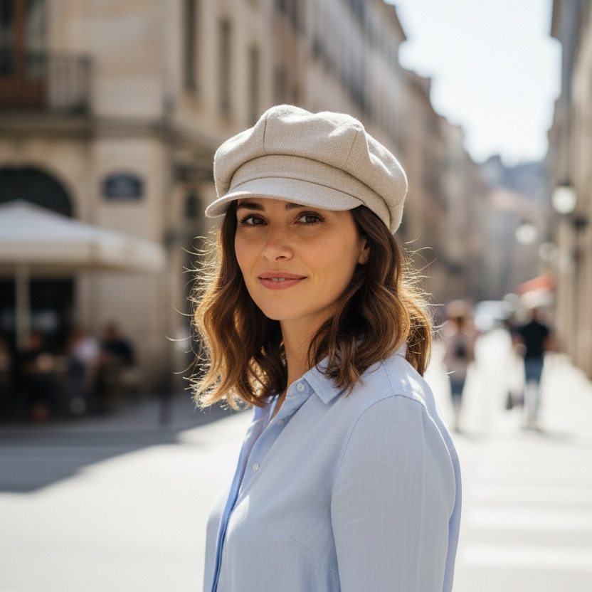 Berrettone 8 Spicchi Monello Con Visiera Puro Lino Ecru'