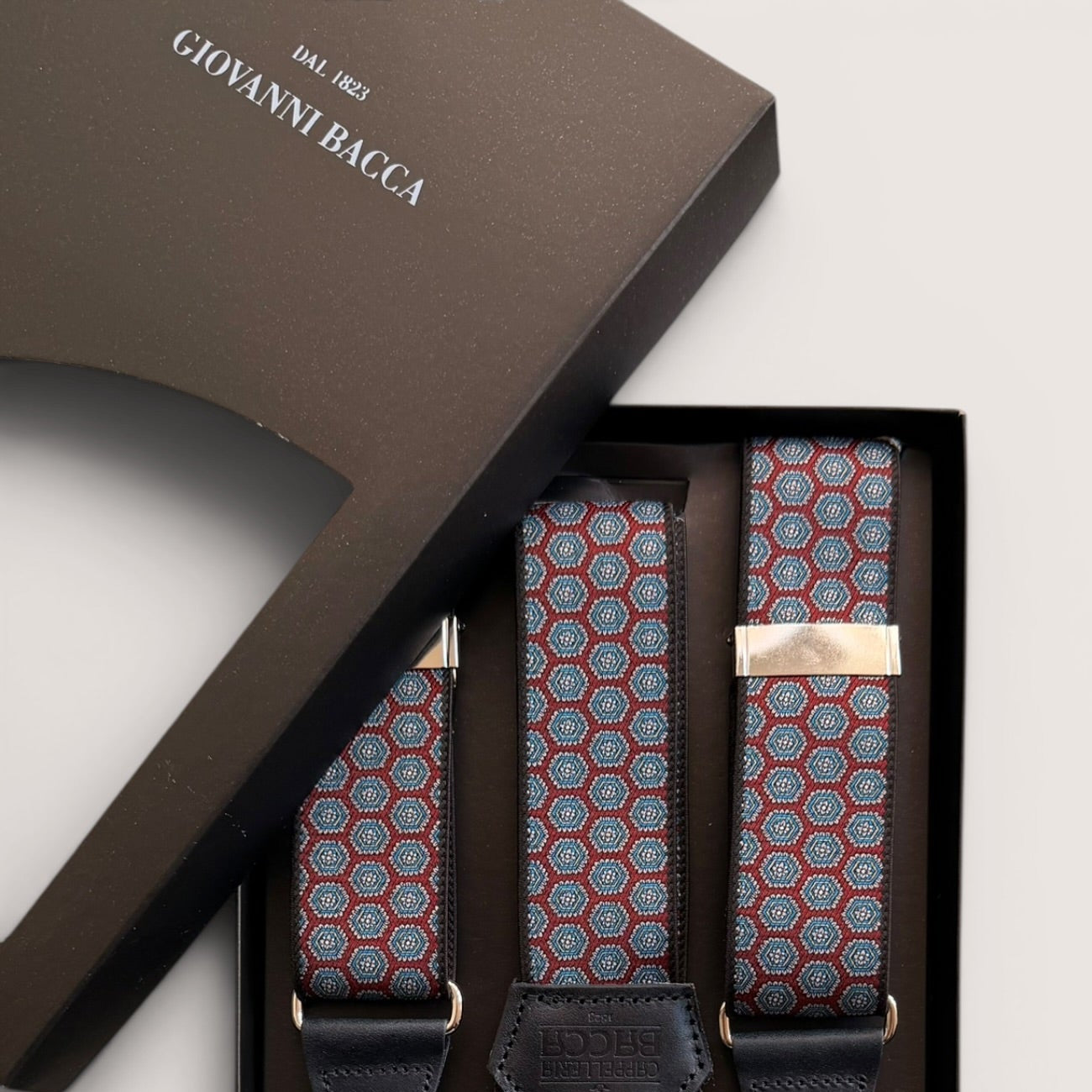Bretelle A  X Larghe Elastiche Con Terminali In Pelle Motivo Geometrico Cravatta