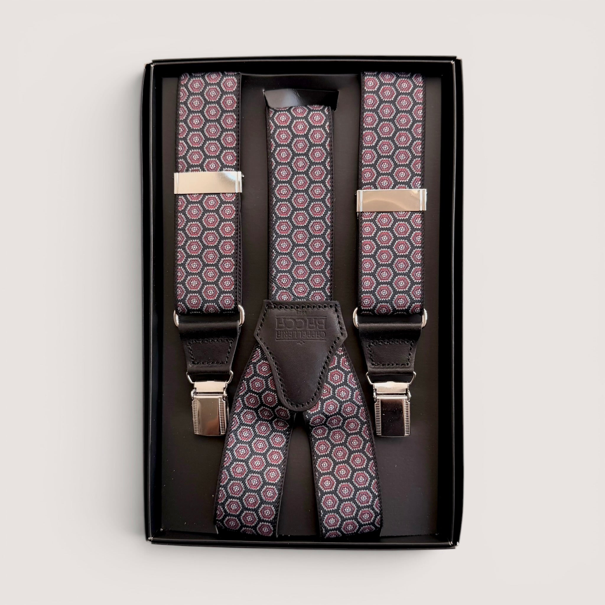 Bretelle A  X Larghe Elastiche Con Terminali In Pelle Motivo Geometrico Cravatta