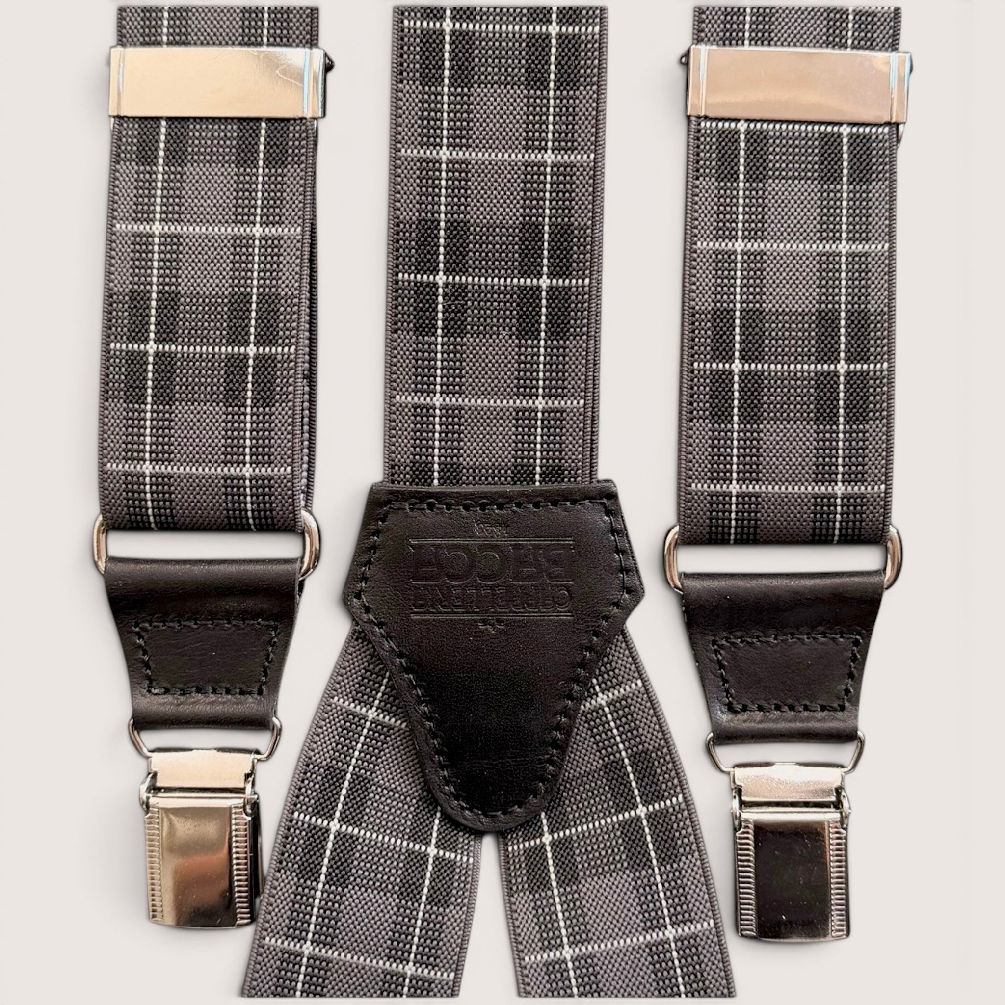 Bretelle A  X Larghe Elastiche Con Terminali In Pelle Motivo Scozzese
