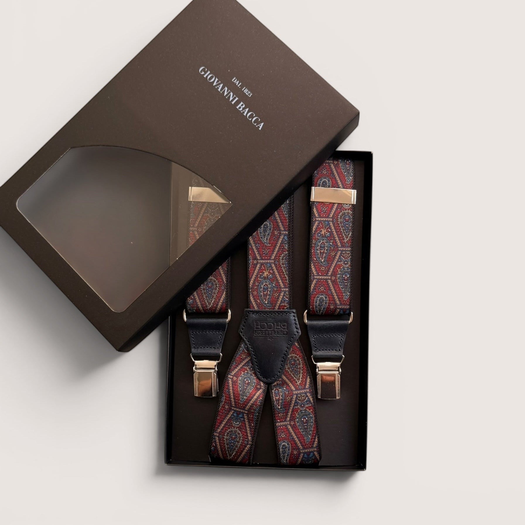 Bretelle A  X Larghe Elastiche Con Terminali In Pelle Micro Motivo Cashmere Geometrico