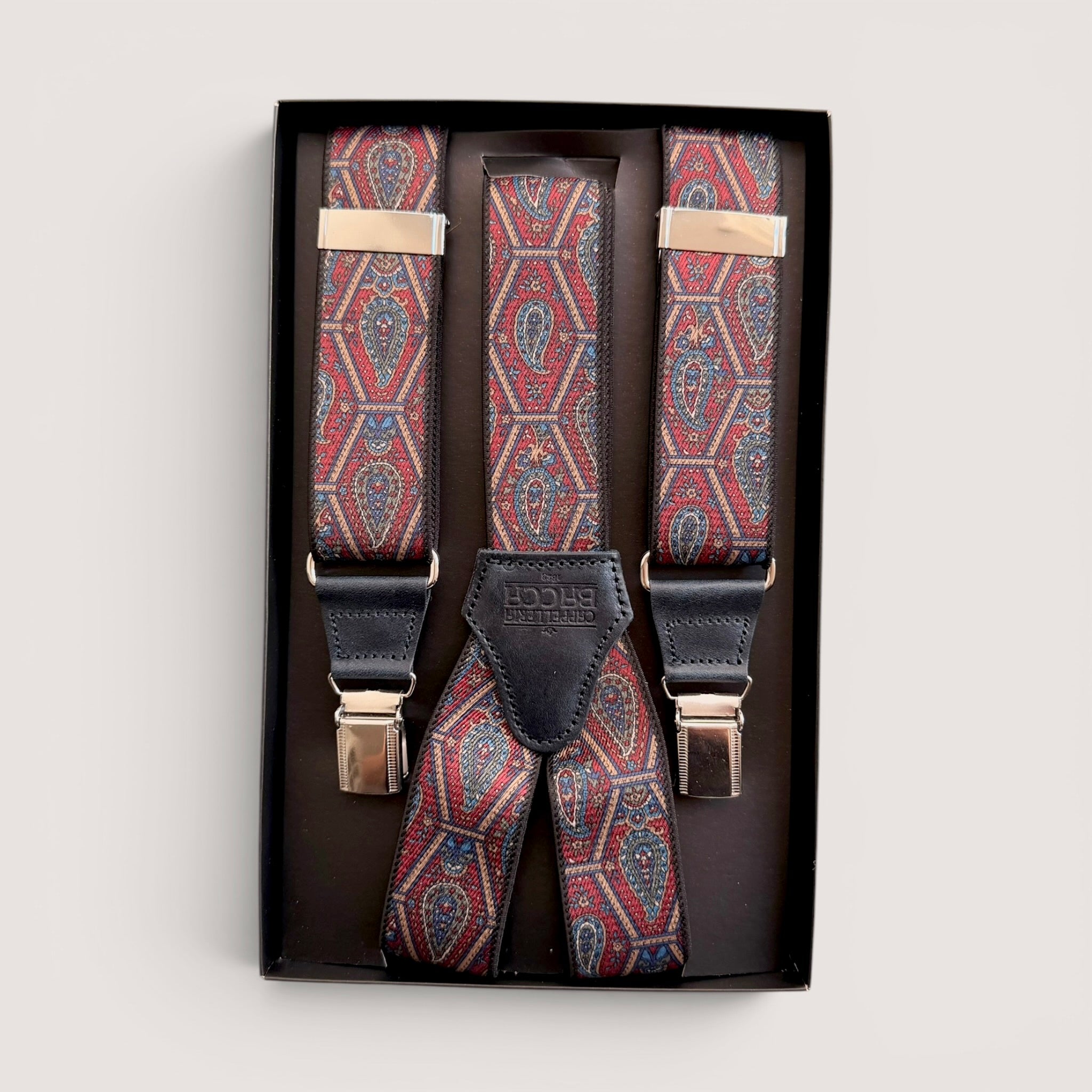 Bretelle A  X Larghe Elastiche Con Terminali In Pelle Micro Motivo Cashmere Geometrico