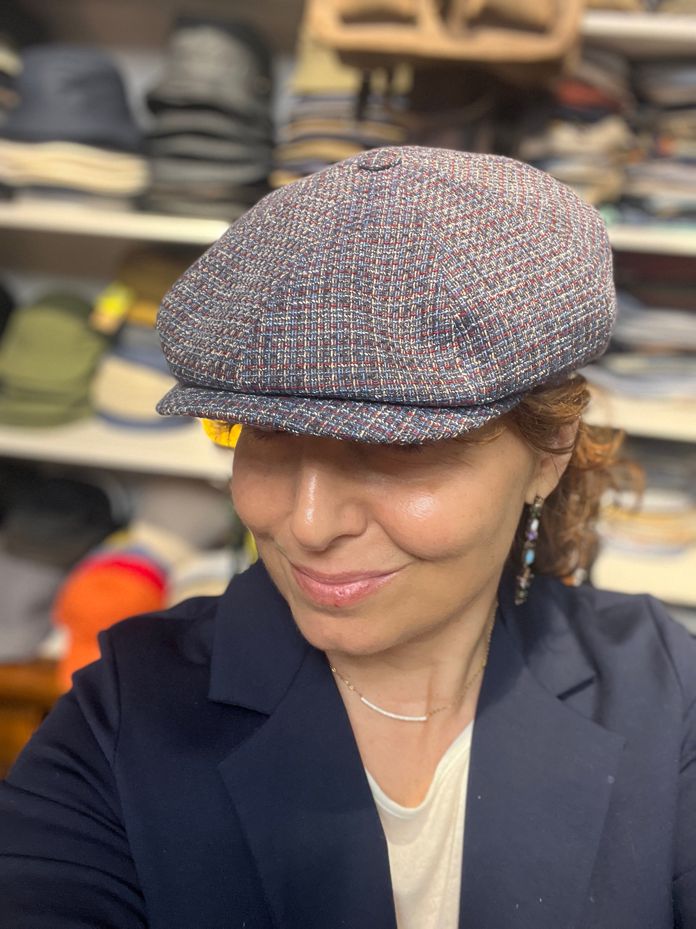 Coppola Irlandese Estiva In Cotone E lino Effetto Tweed Blu e Rosso - Cappelleria Bacca