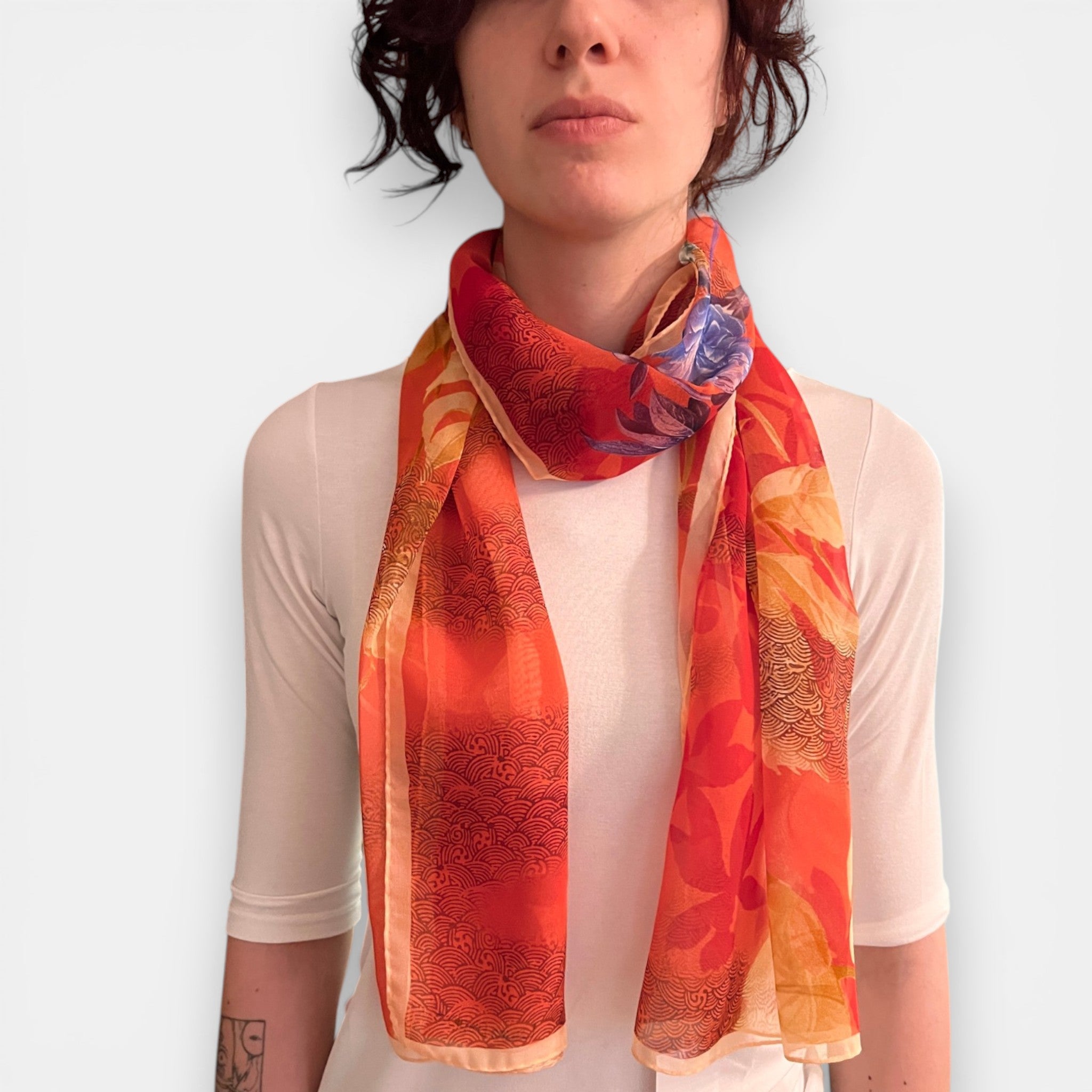 Sciarpa in Pura Seta Georgette Motivo Foglie 45x160 cm