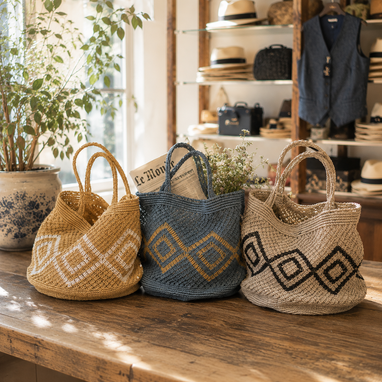 Handgemachte Makramee-Jutetaschen