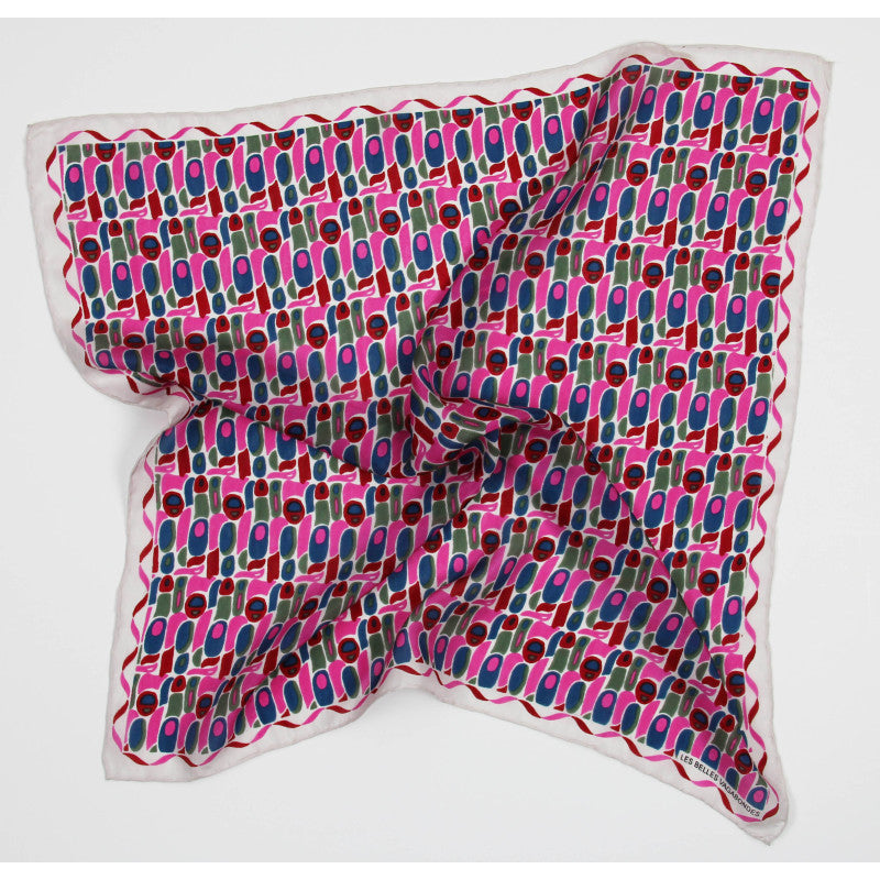 Foulard in seta rosa, blu, rosso e verde con bordo ricamato Les Belles Vagabondes