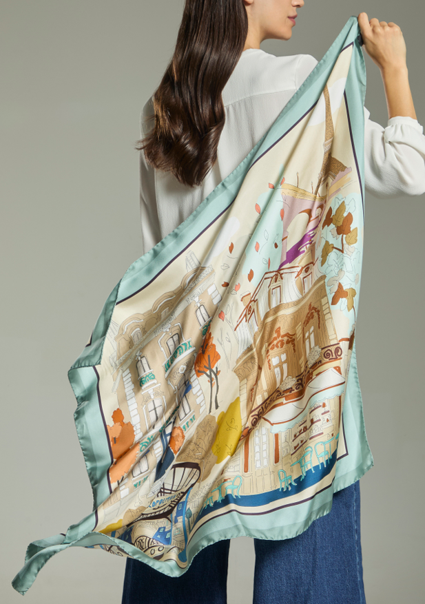 Foulard 90x90 In Twill Di Seta Azzurro e Beige