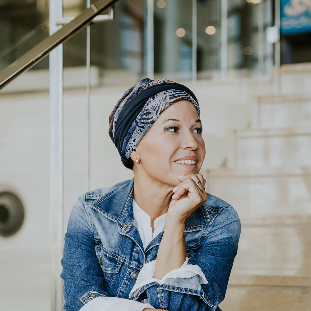 Berretto Turbante Donna In Morbido Bamboo Fantasia Blu - per Pelli Sensibili