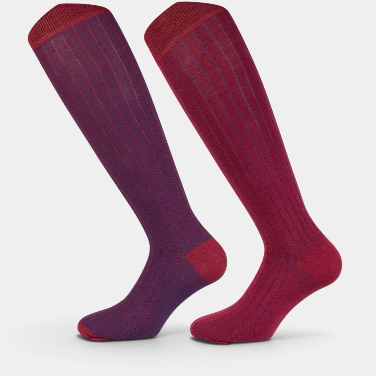 Calzini lunghi double face in cotone viola e rosso