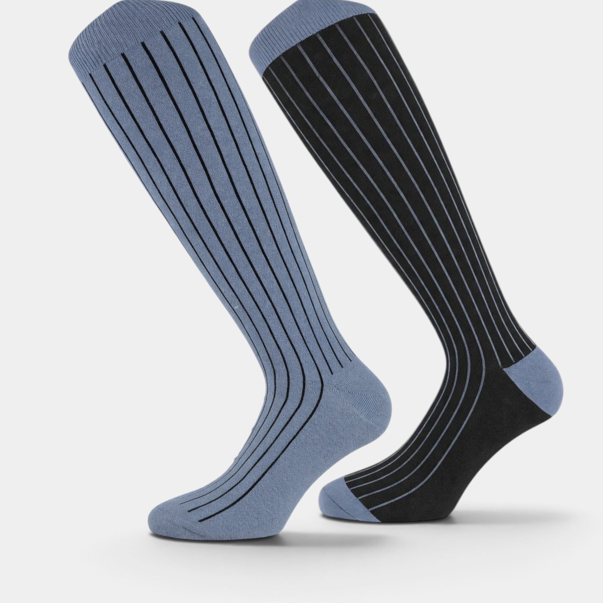 Calzini lunghi double face in cotone nero e azzurro
