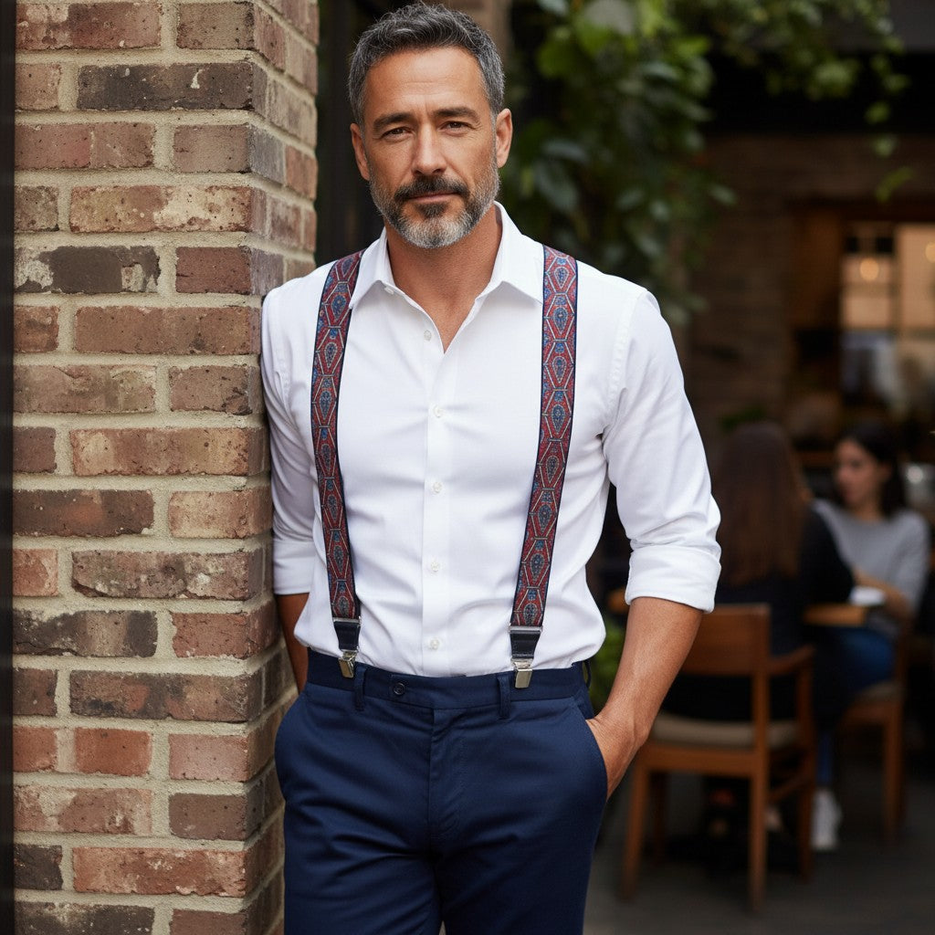 Uomo con bretelle a X Cappelleria Bacca in fantasia paisley blu, bordeaux e beige con terminali in vera pelle