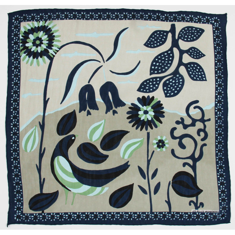 Foulard di seta motivo Birdy beige e blu con fantasia botanica