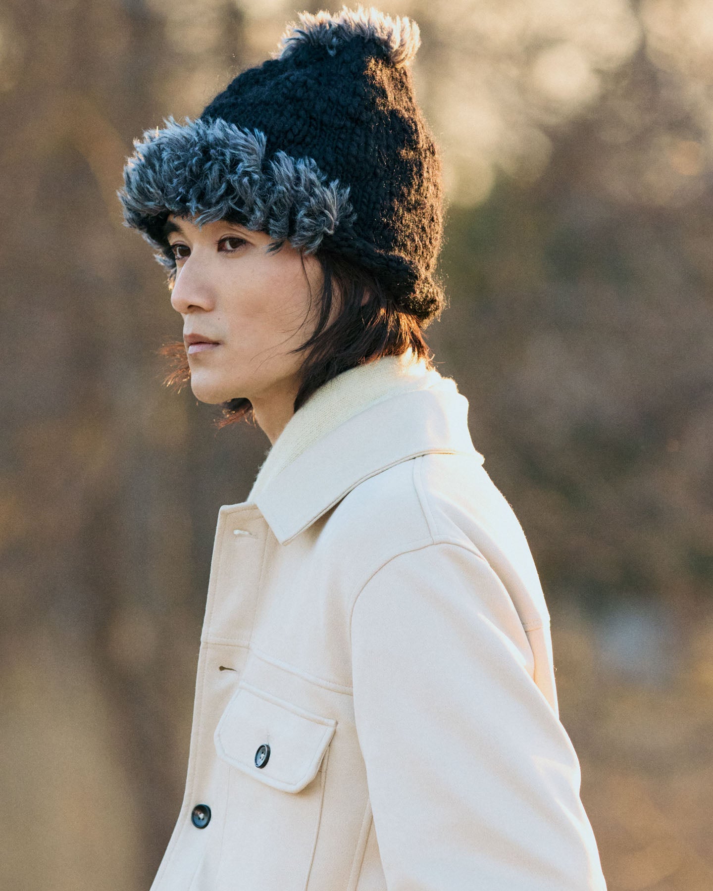 Berretto Beanie In Maglia Di Lana Handmade Con Dettagli In Eco Pelliccia