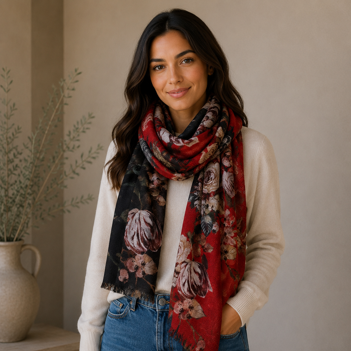 Sciarpa Stola Da Donna In Tessuto Sottile Di Pura Lana Merinos  70x180 cm - Rose