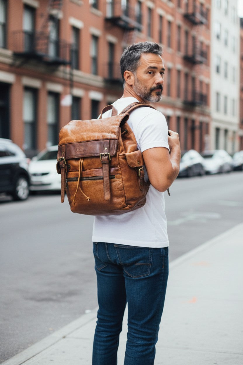 Zaino in Pelle Lavata color Cognac Avirex