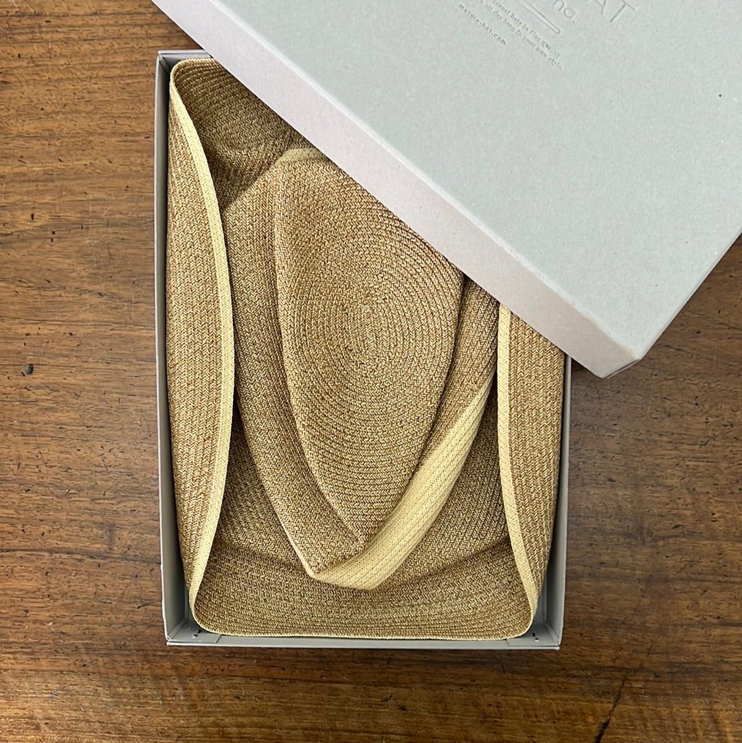 Particolare della scatola Boxed Hat, all'interno cappello di paglia da donna