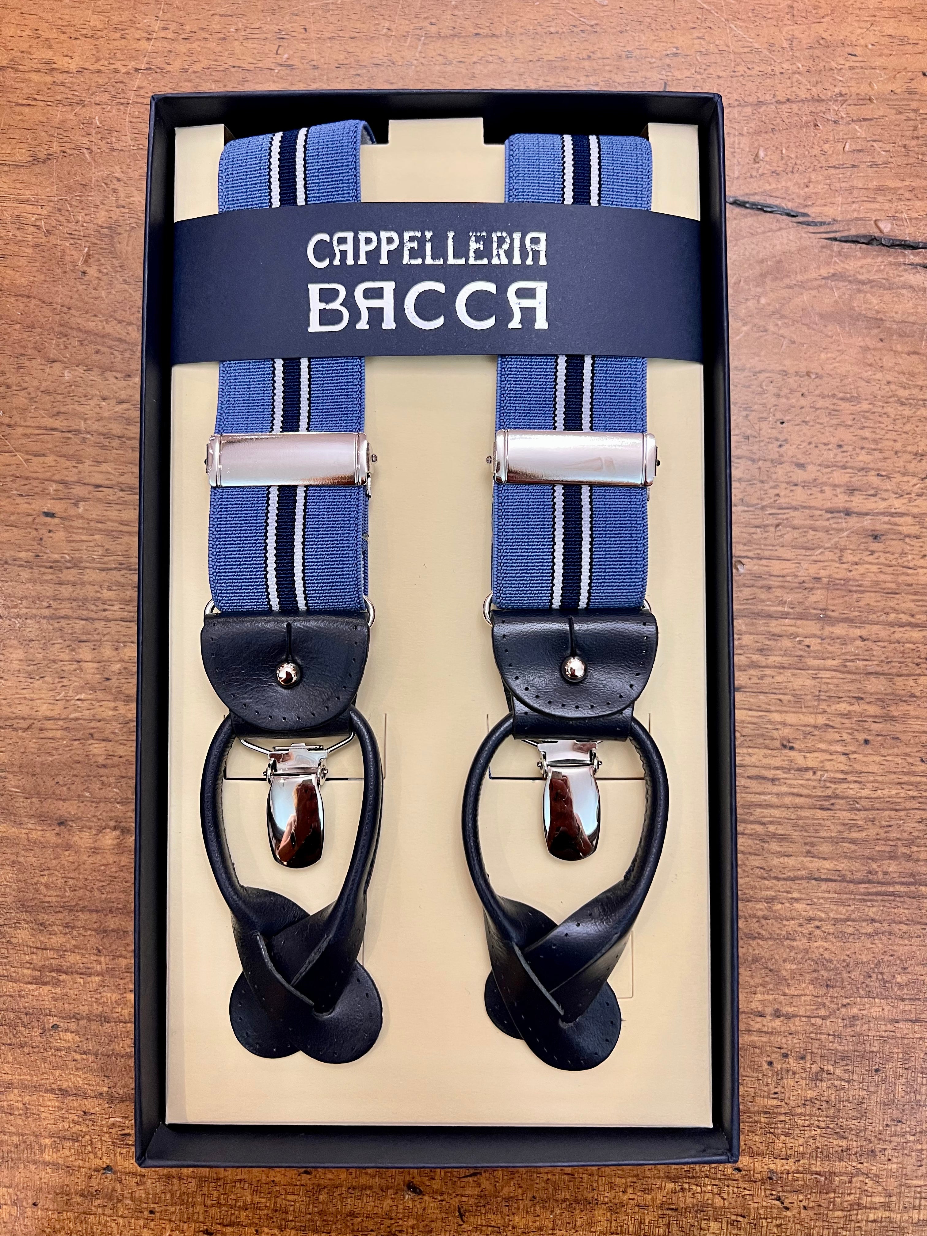 Bretelle Larghe Elastiche Regimental Beige e Blu con Asole in Pelle - Cappelleria Bacca