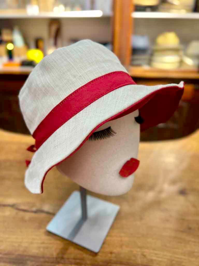 Cappello Bucket Da Donna In Lino Beige e Rosso Taglia Regolabile