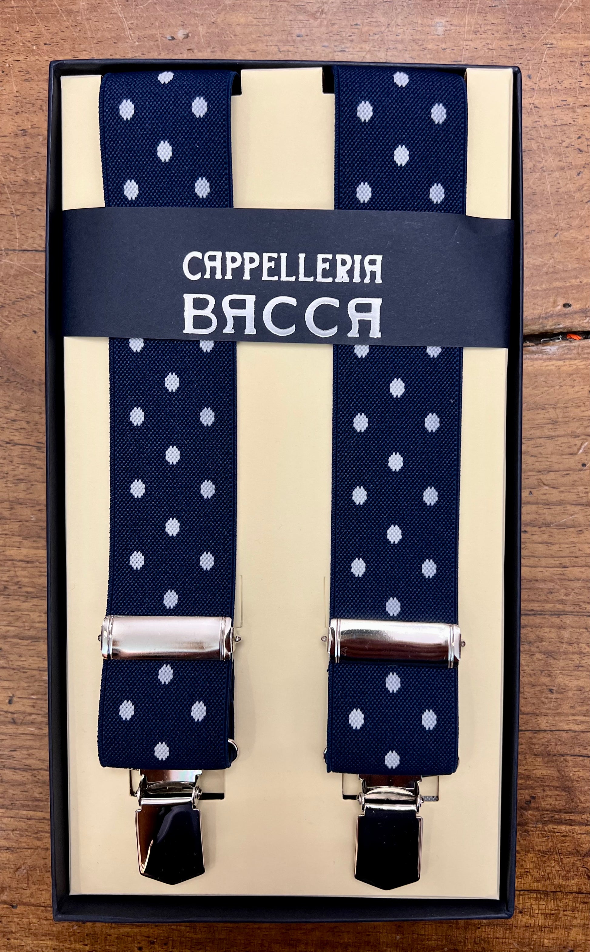 Bretelle larghe elastiche con clip blu pois - Cappelleria Bacca