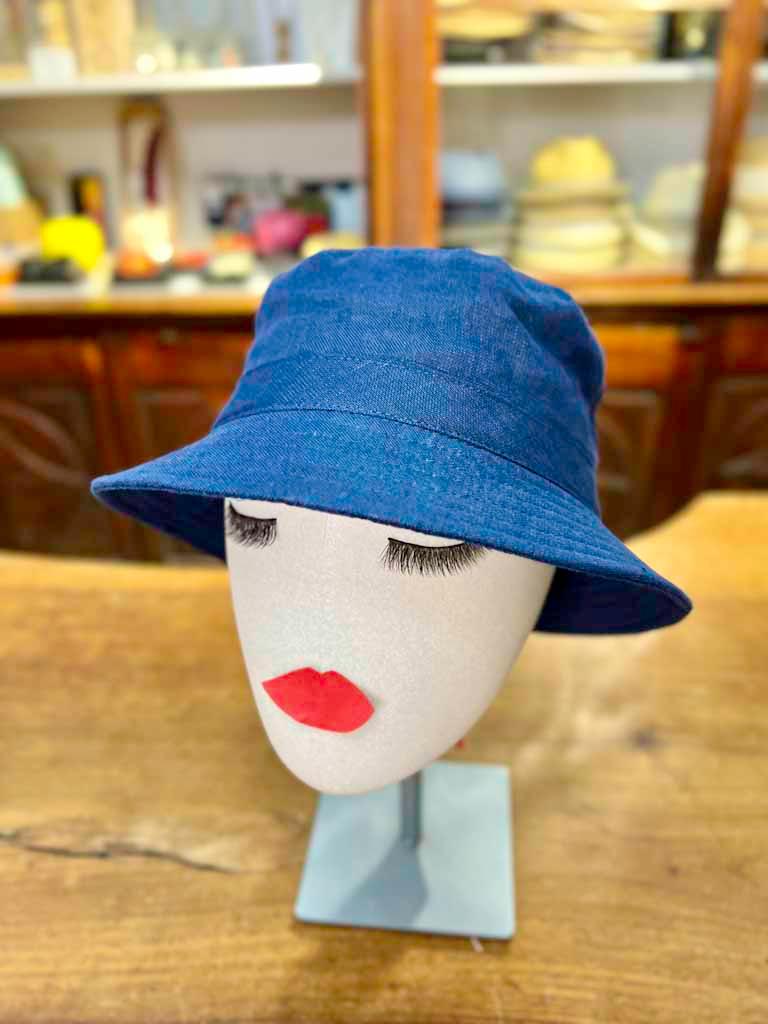 Cappello Bucket In Lino Blue Jeans Arrotolabile