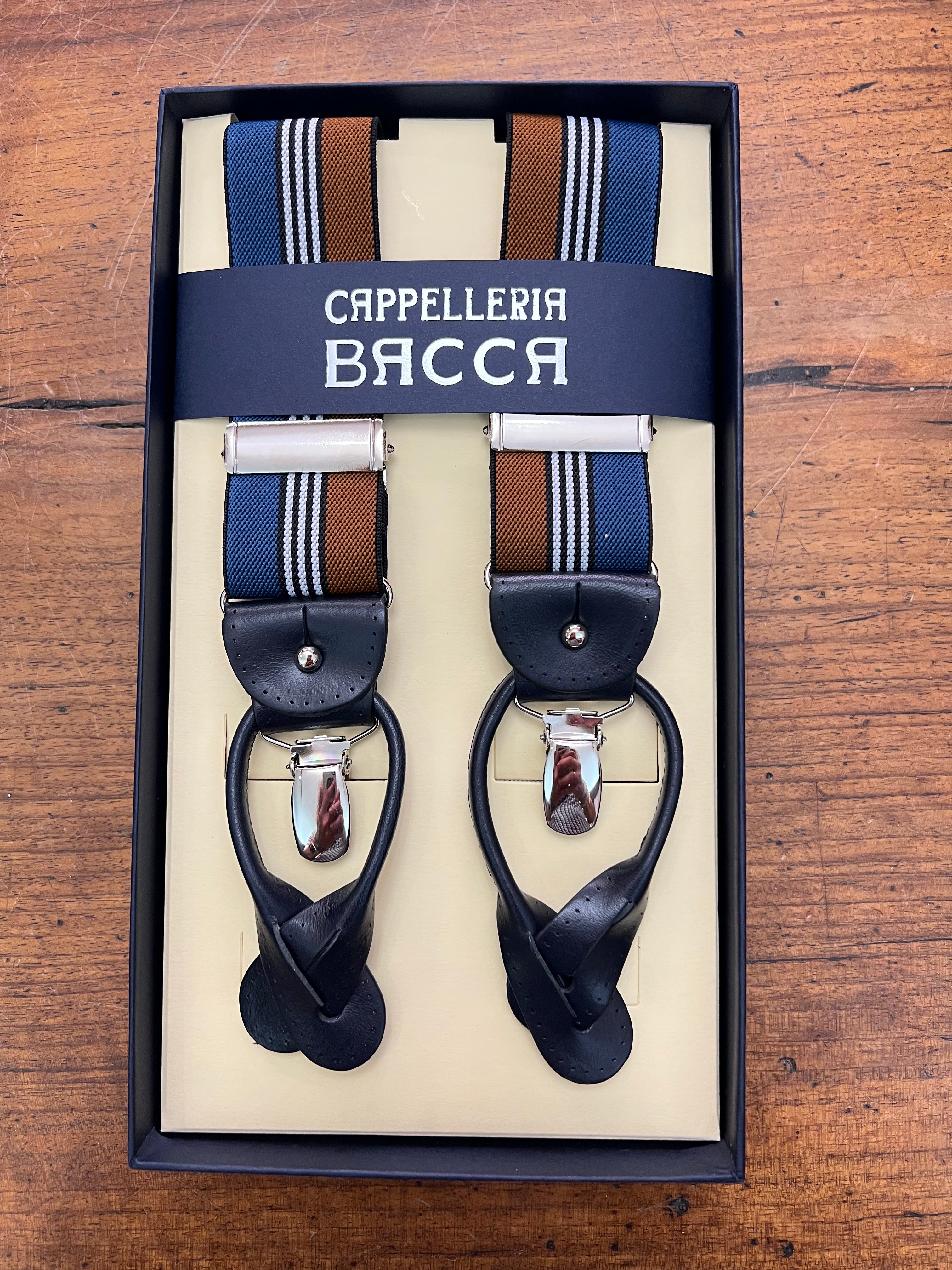 Bretelle Larghe Elastiche Regimental con Asole in Pelle Blu E Tabacco - Cappelleria Bacca