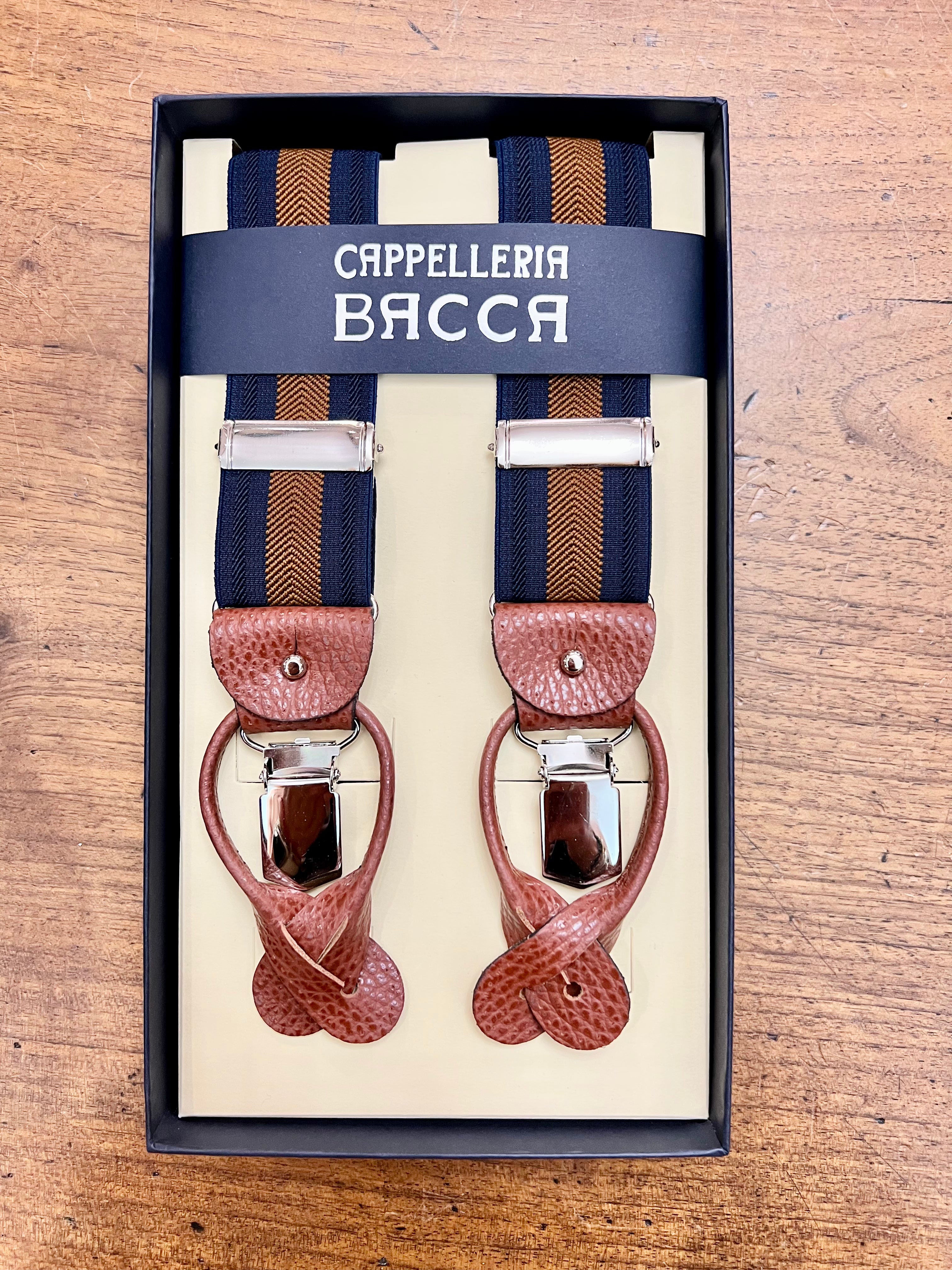 Bretelle Larghe Elastiche Regimental con Asole in Pelle Blu E Tabacco - Cappelleria Bacca