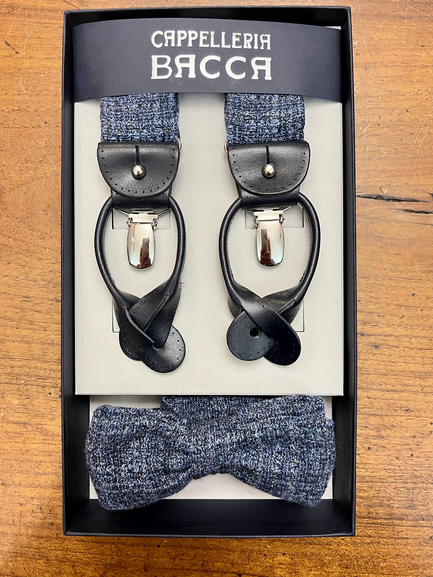 Regimental Blue and Black Wide Elastic Braces with Leather Buttonholes