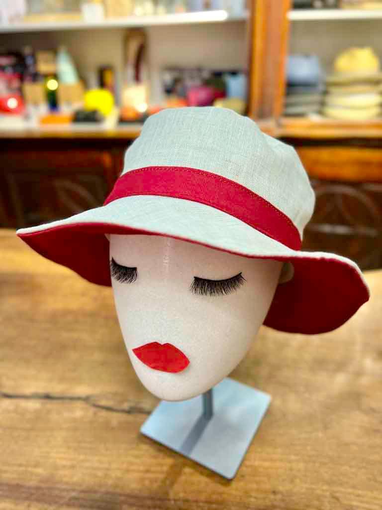 Cappello Bucket Da Donna In Lino Beige e Rosso Taglia Regolabile